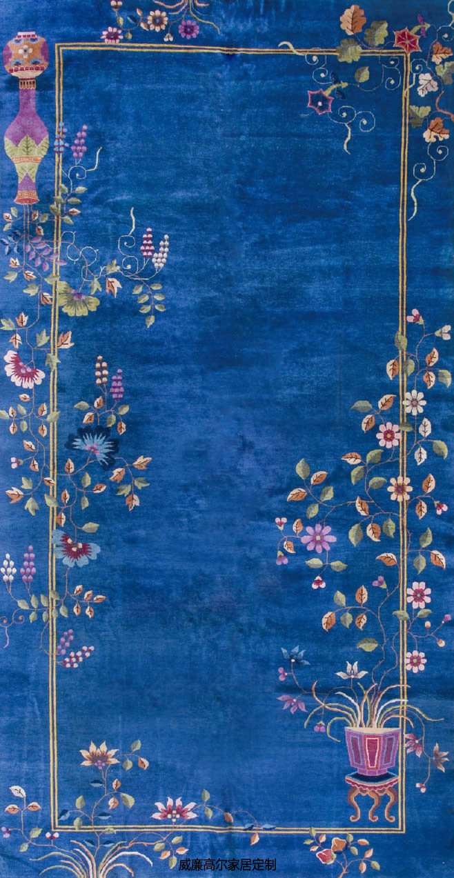 新中式古典藍(lán)色花朵圖案地毯貼圖