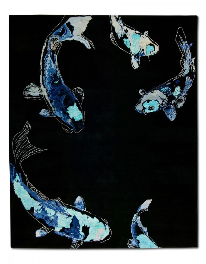 新中式黑色藍(lán)鯉魚圖案地毯貼圖-高端定制