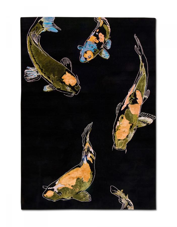 新中式深黑色鯉魚圖案地毯貼圖