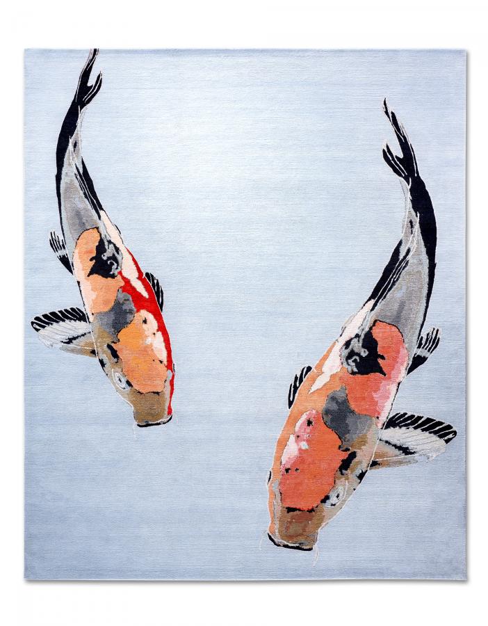 新中式藍(lán)紅鯉魚圖案地毯貼圖-高端定制