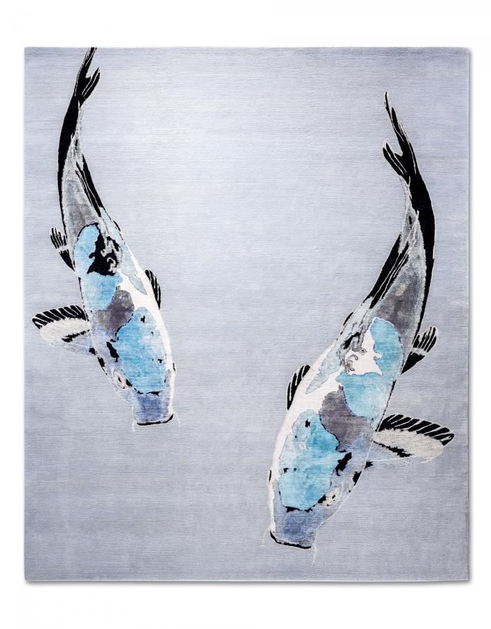 新中式灰藍(lán)色鯉魚圖案地毯貼圖-高端定制