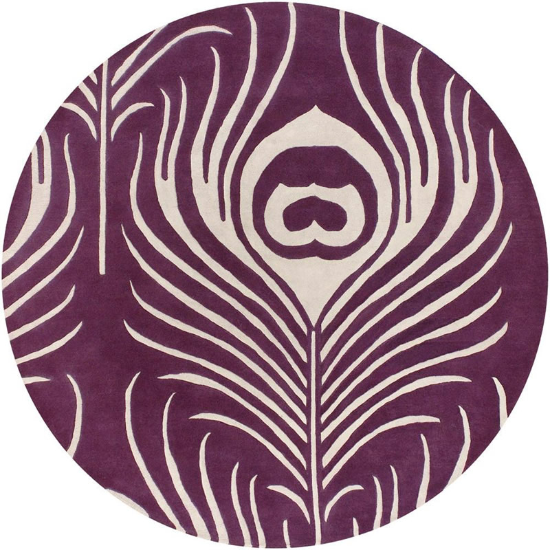 新中式紫白色孔雀羽圖案圓形地毯貼圖