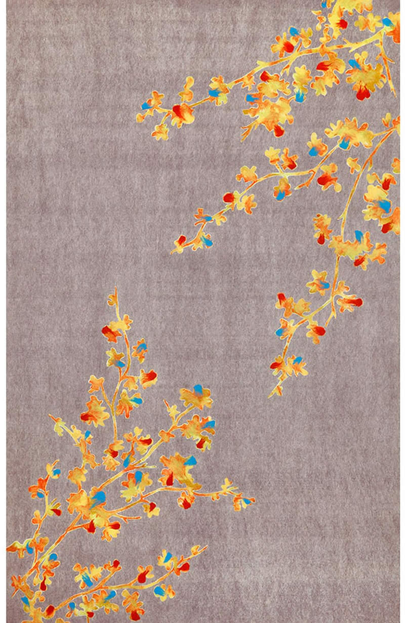 新中式紅黃色杏葉子圖案地毯貼圖