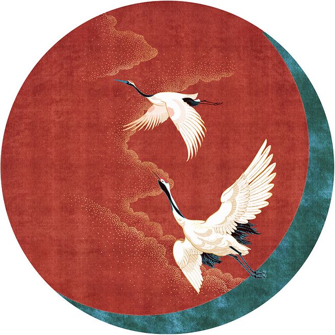 新中式丹頂鶴圓形圖案地毯貼圖-高端定制