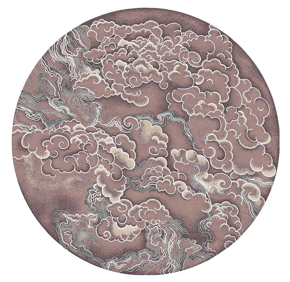 新中式咖灰色祥云圖案圓形地毯貼圖