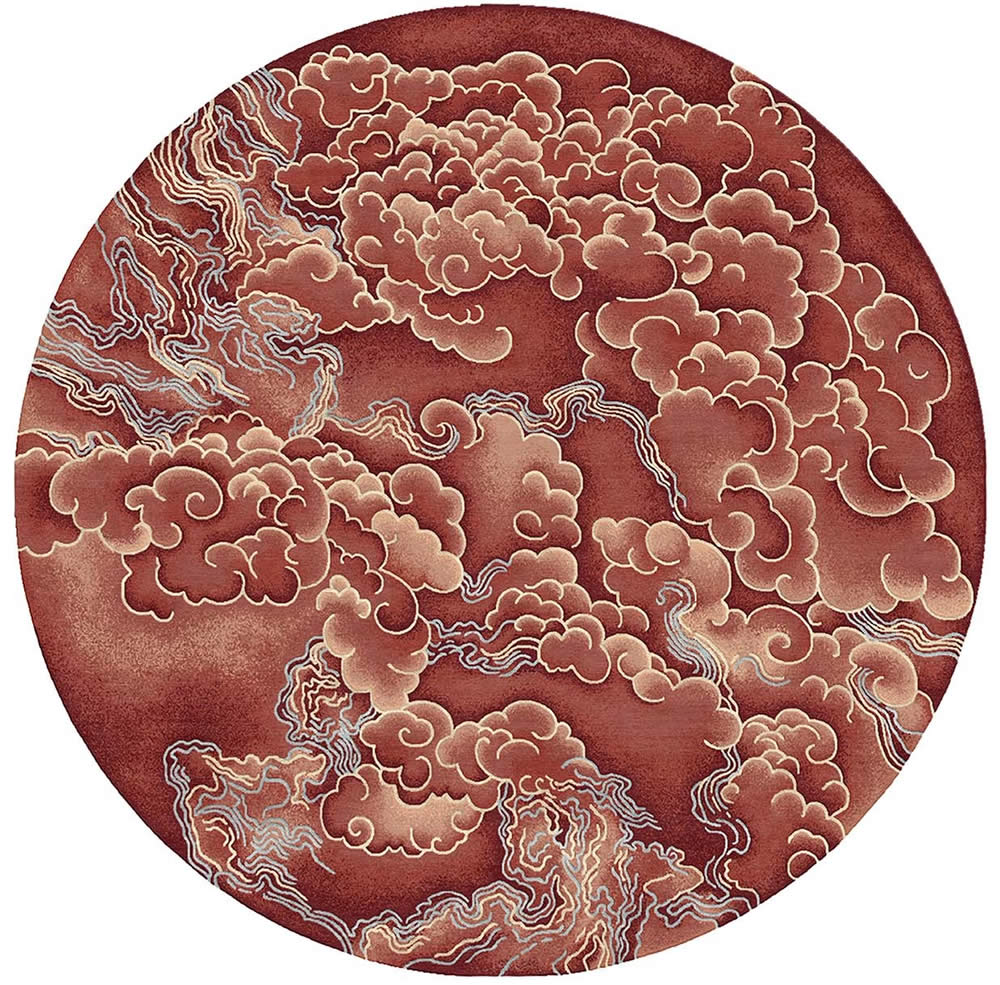 新中式磚紅色祥云圖案圓形地毯貼圖