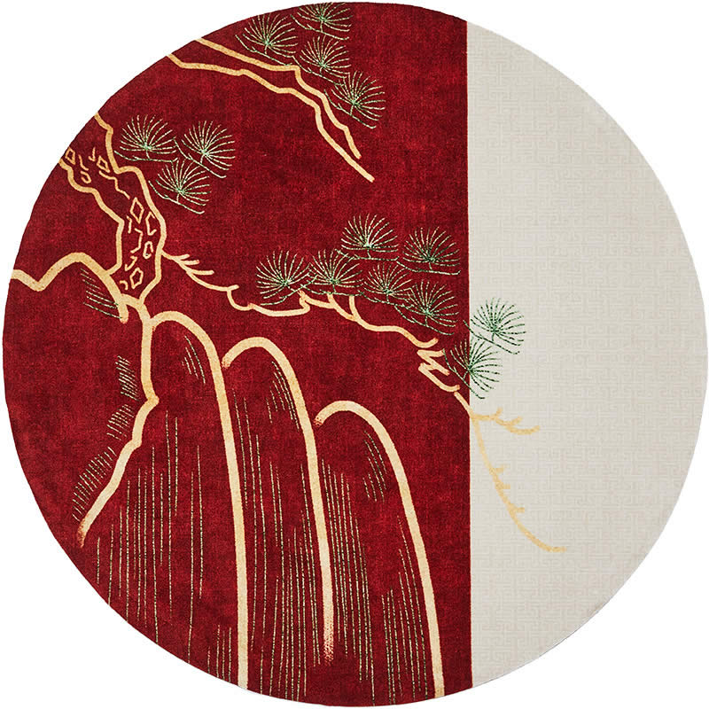 新中式紅色山水松樹圖案地毯貼圖